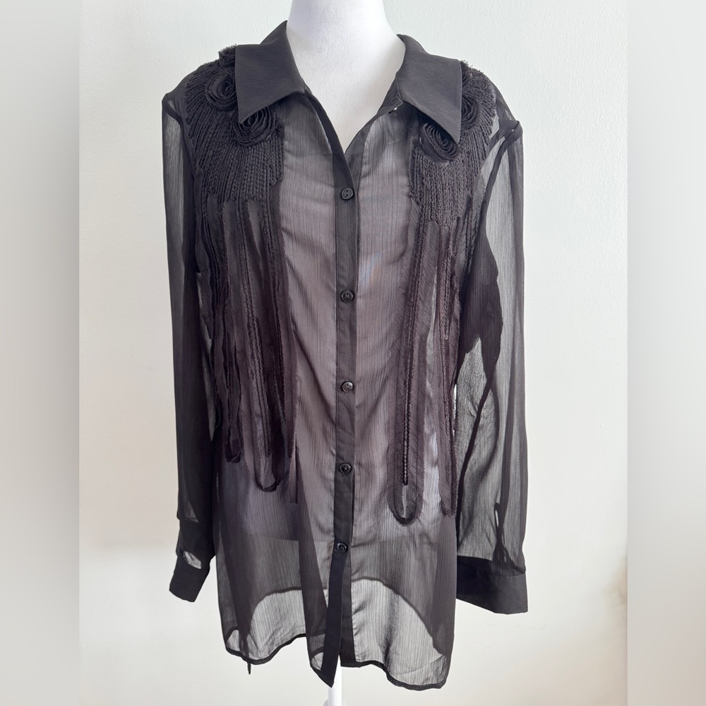 Samuel Dong Sheer Black Button-Up Blouse medium